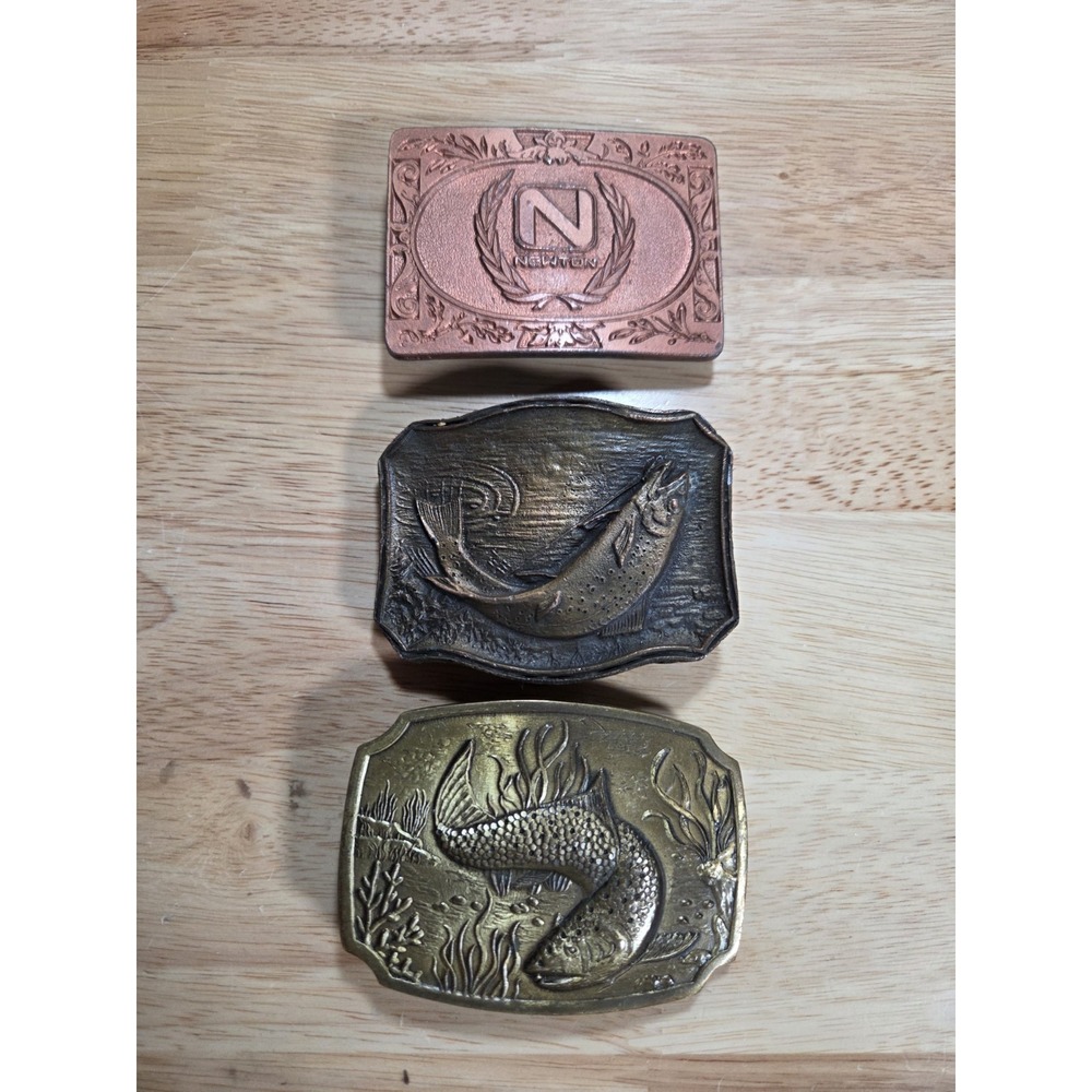 Vintage Belt Buckle Lot 3 Trout Fish Fishing Newton Mfg Solid Brass Mens